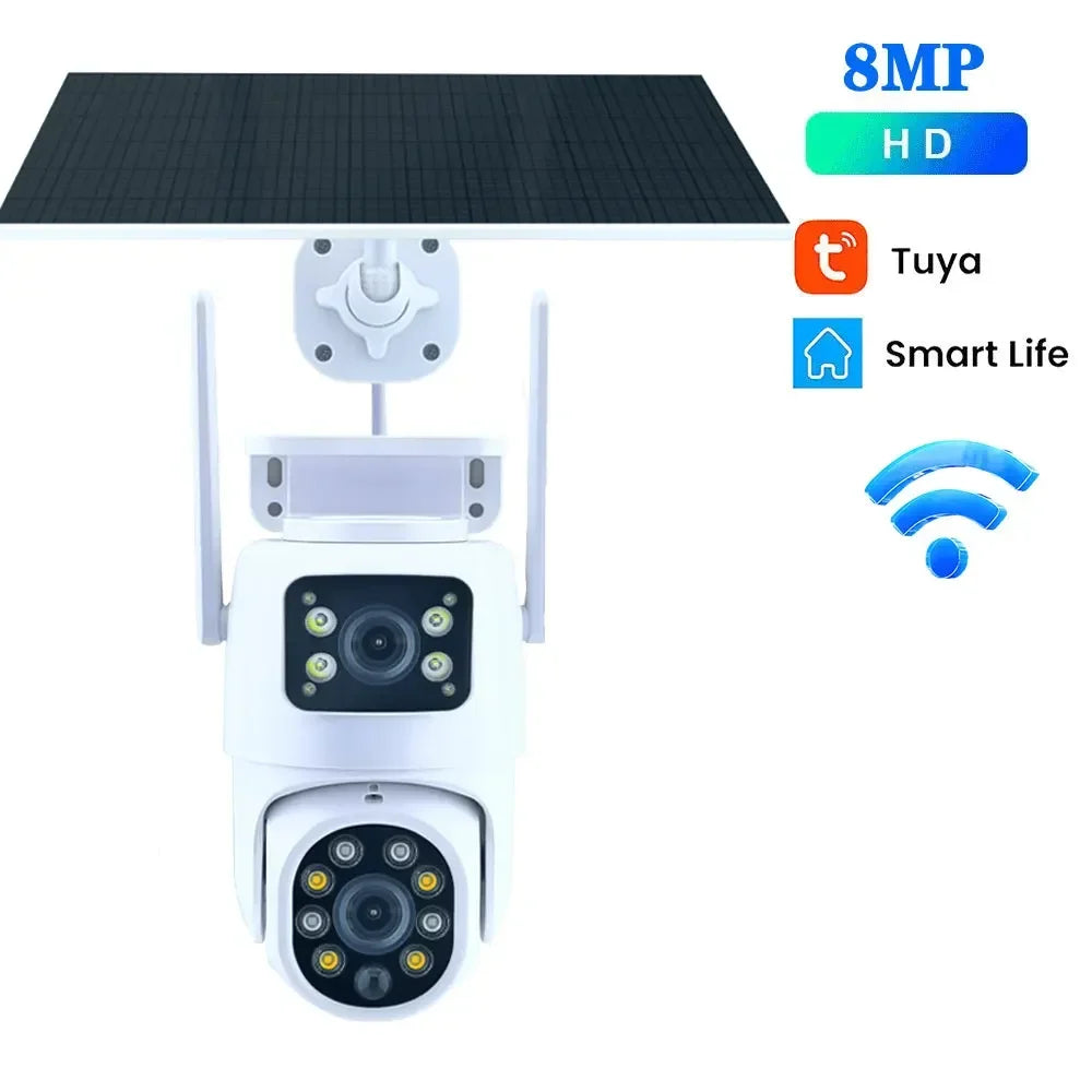 Tuya Solar Camera WiFi Outdoor 8MP Dual Lens 4K Wireless PTZ Security Camera – Low Power Battery, Motion Detection, Dual Screen, and Remote Viewing
