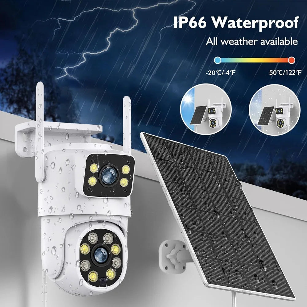 Tuya Solar Camera WiFi Outdoor 8MP Dual Lens 4K Wireless PTZ Security Camera – Low Power Battery, Motion Detection, Dual Screen, and Remote Viewing