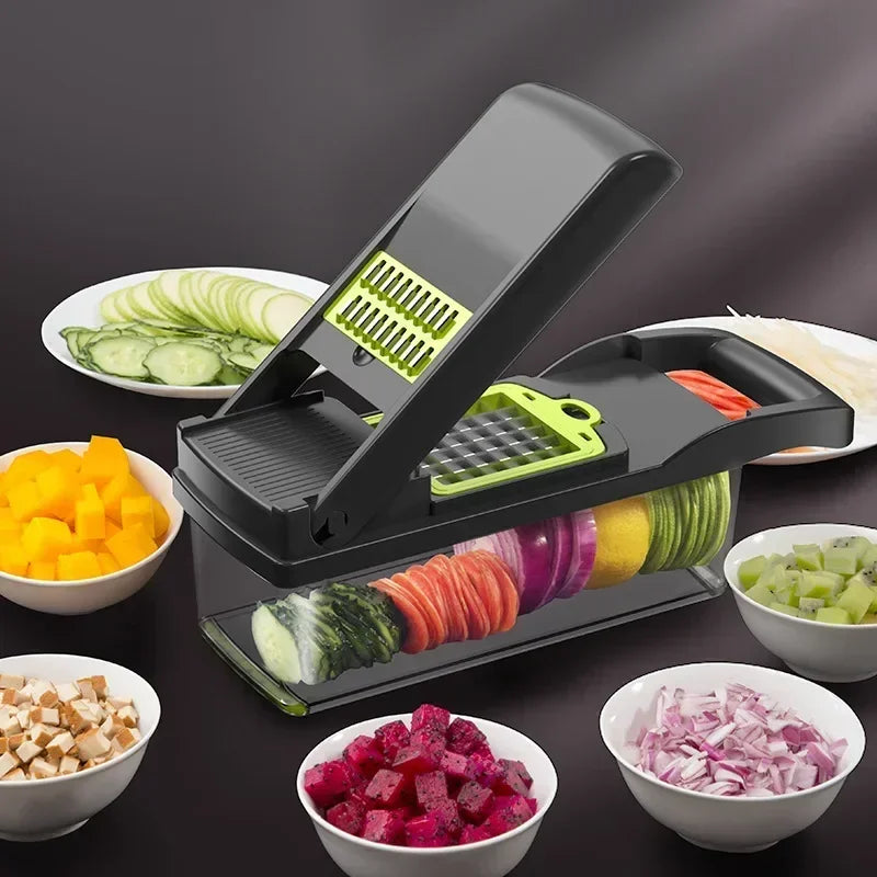 16-in-1 Multifunctional Vegetable Chopper and Slicer - Onion, Potato, Fruit, and Veggie Cutter with Container – Stainless Steel Kitchen Gadget