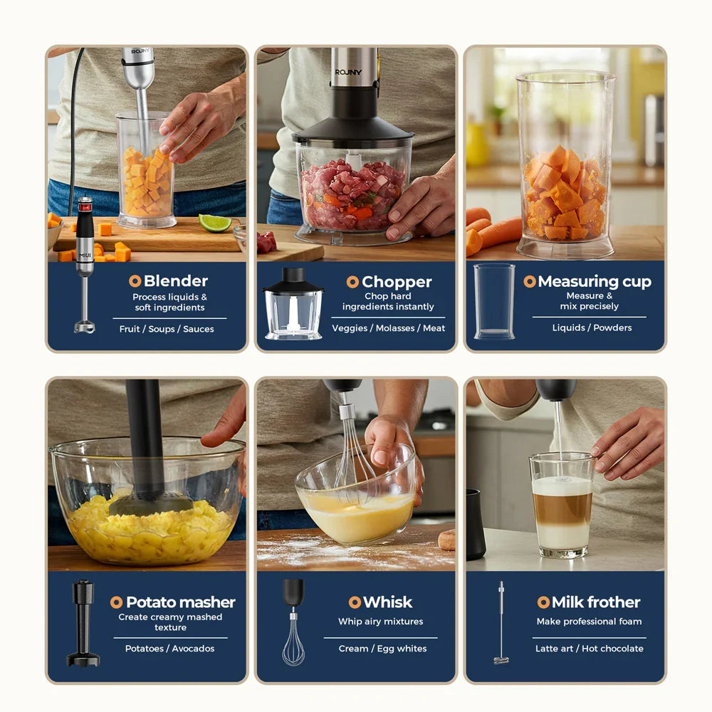 Electric Handheld Stick Blender 6-in-1 Multi-Purpose Immersion Blender - Powerful 1500W with Whisk, Chopper, and Stepless Speed Control