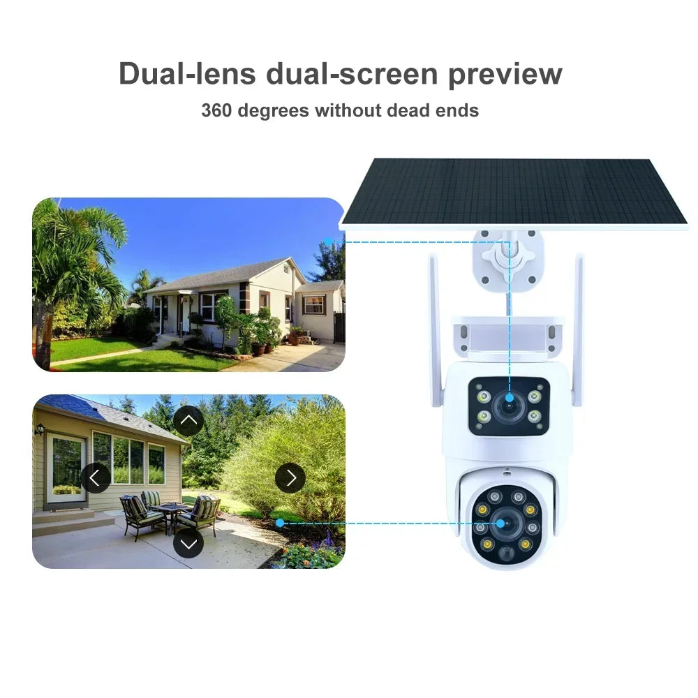 Tuya Solar Camera WiFi Outdoor 8MP Dual Lens 4K Wireless PTZ Security Camera – Low Power Battery, Motion Detection, Dual Screen, and Remote Viewing