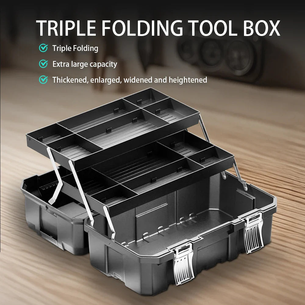 3-Tier Foldable Tool Box – Extra Large Capacity Thickened Plastic Tool Chest for DIY, Workshop & Home Repair Storage