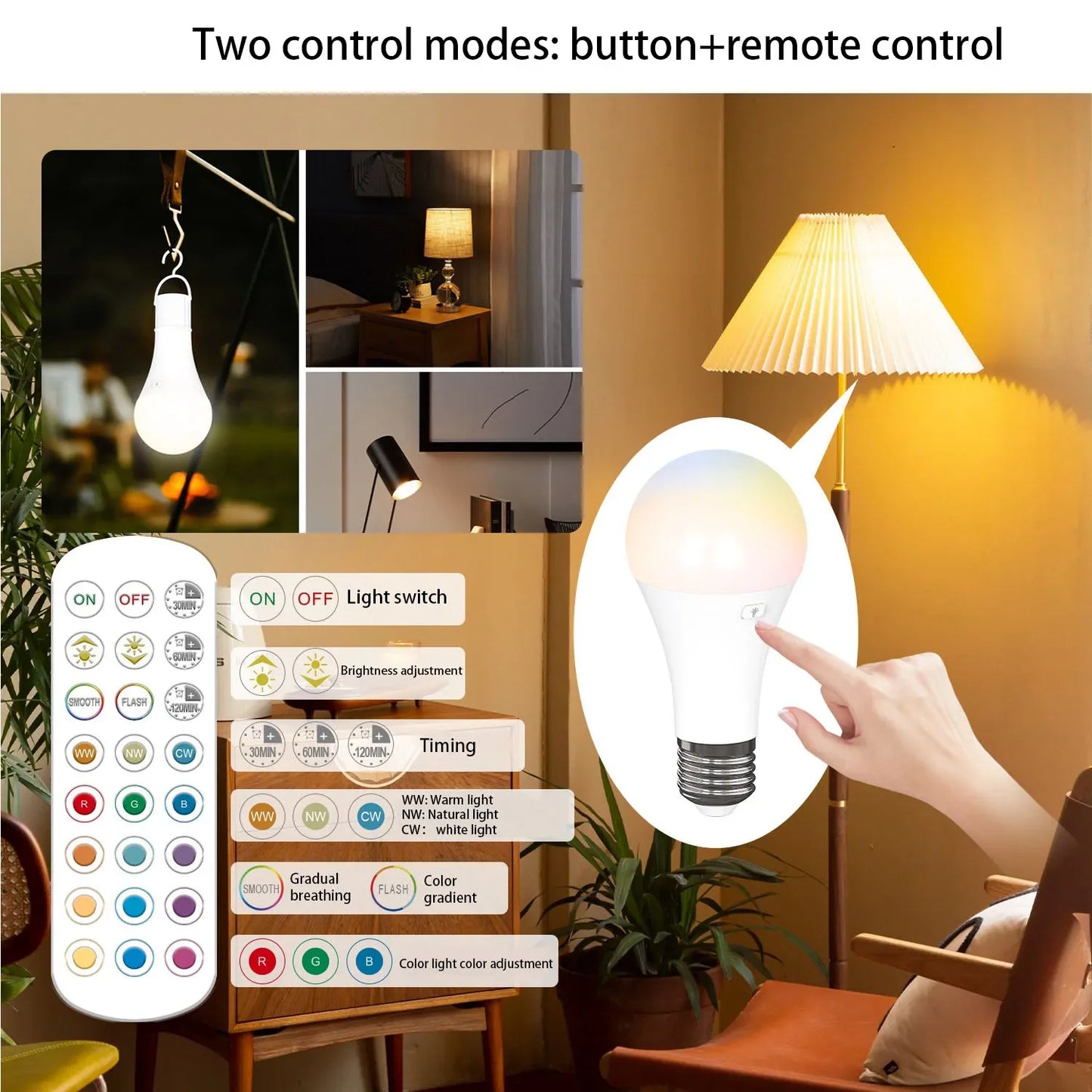 Rechargeable Battery-Operated A19 LED Light Bulb with Remote Control - Dimmable, 2700K-6500K, USB Charging