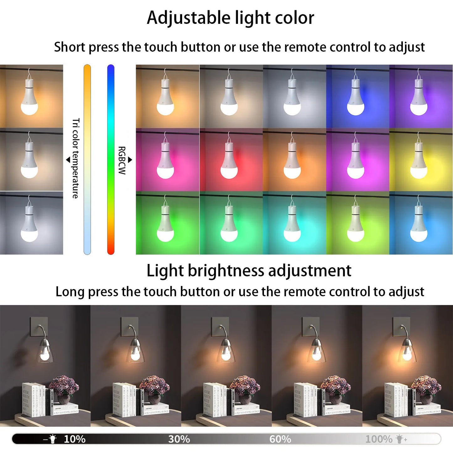 Rechargeable Battery-Operated A19 LED Light Bulb with Remote Control - Dimmable, 2700K-6500K, USB Charging