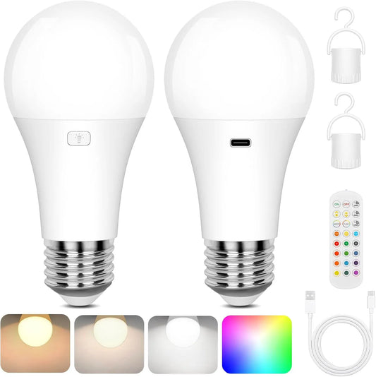 Rechargeable Battery-Operated A19 LED Light Bulb with Remote Control - Dimmable, 2700K-6500K, USB Charging