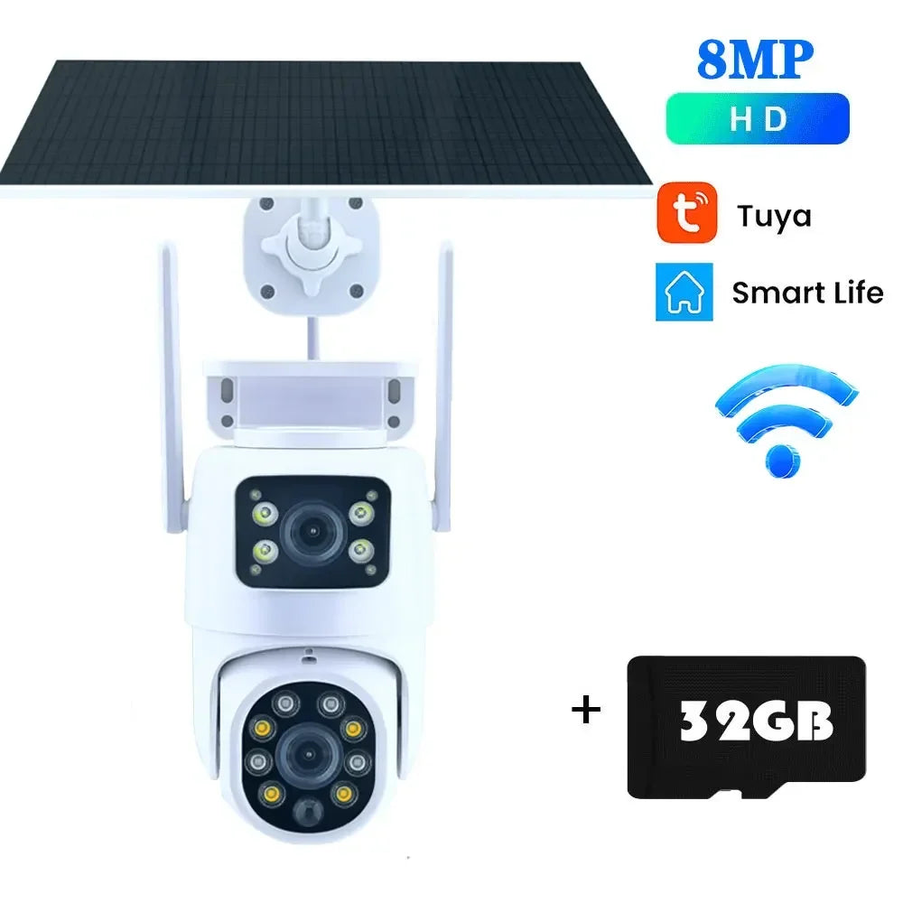 Tuya Solar Camera WiFi Outdoor 8MP Dual Lens 4K Wireless PTZ Security Camera – Low Power Battery, Motion Detection, Dual Screen, and Remote Viewing