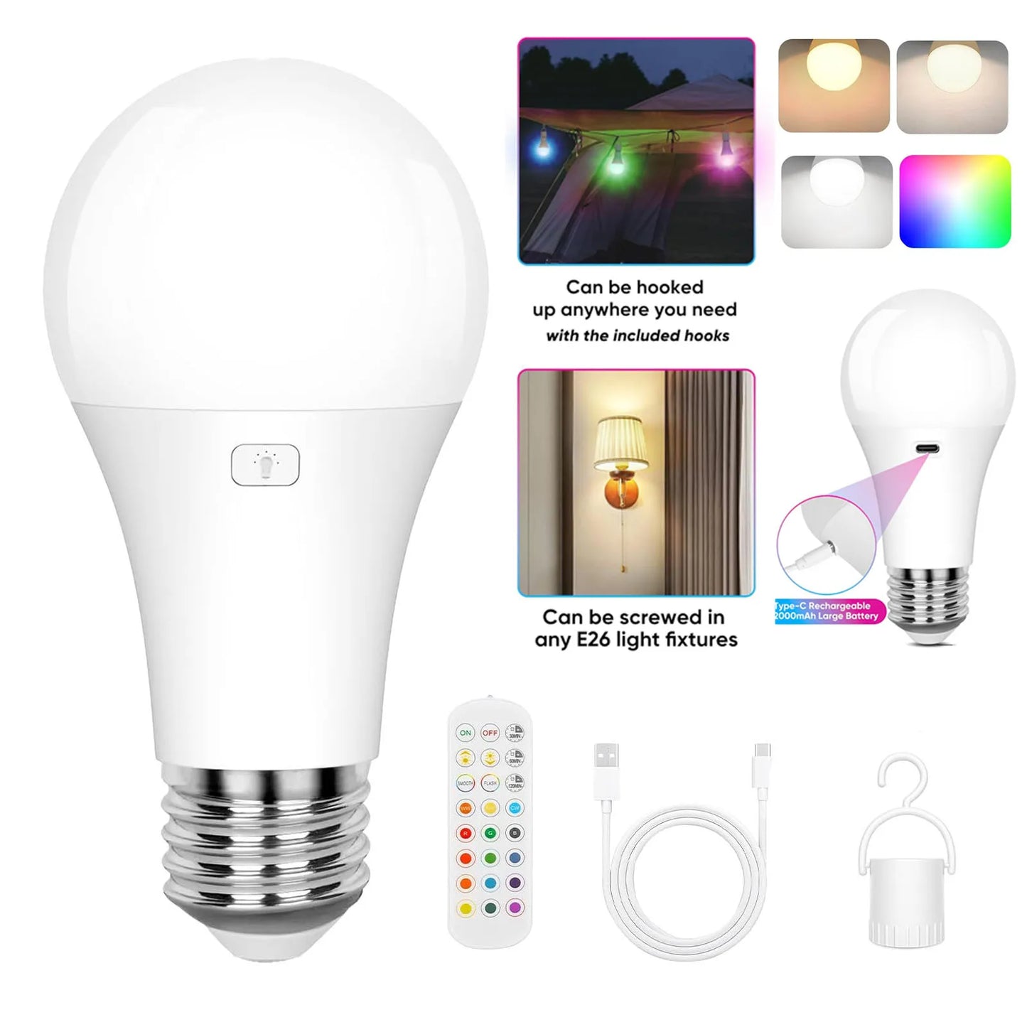 Rechargeable Battery-Operated A19 LED Light Bulb with Remote Control - Dimmable, 2700K-6500K, USB Charging