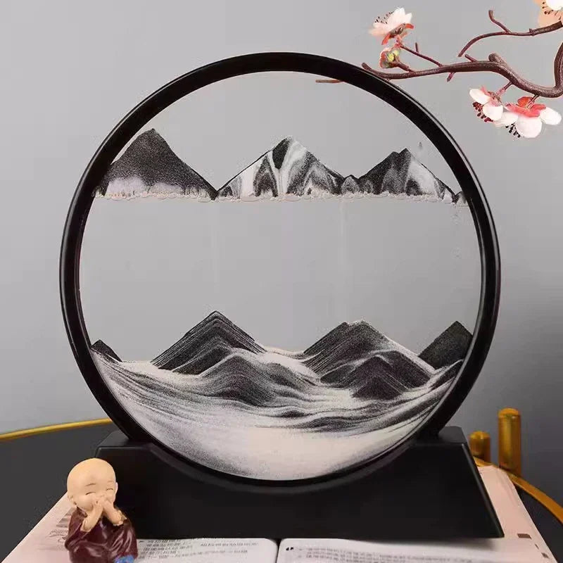 3D Moving Sand Art Picture – Round Glass Deep Sea Sandscape Hourglass Quicksand Craft Flowing Art for Home Decor