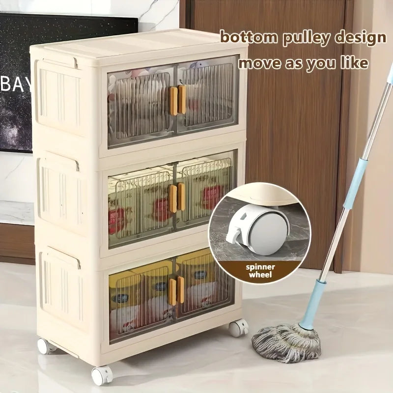 Stackable Practical Storage Cabinet with Doors and Wheels – Spacious Multi-functional Plastic Organizer