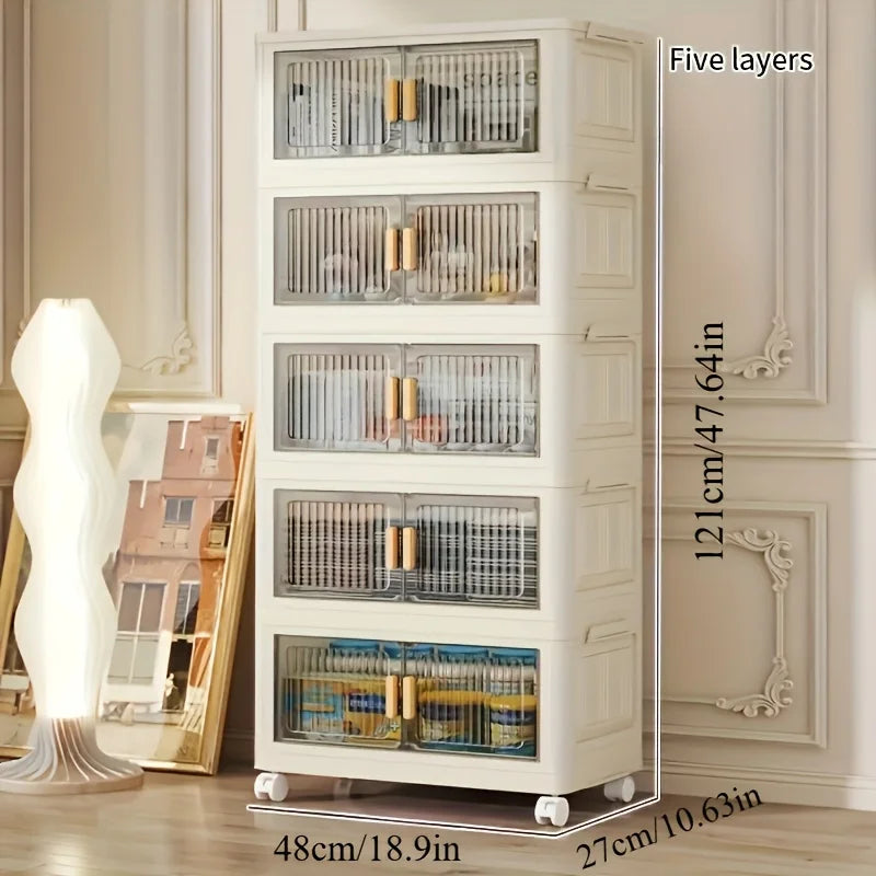 Stackable Practical Storage Cabinet with Doors and Wheels – Spacious Multi-functional Plastic Organizer