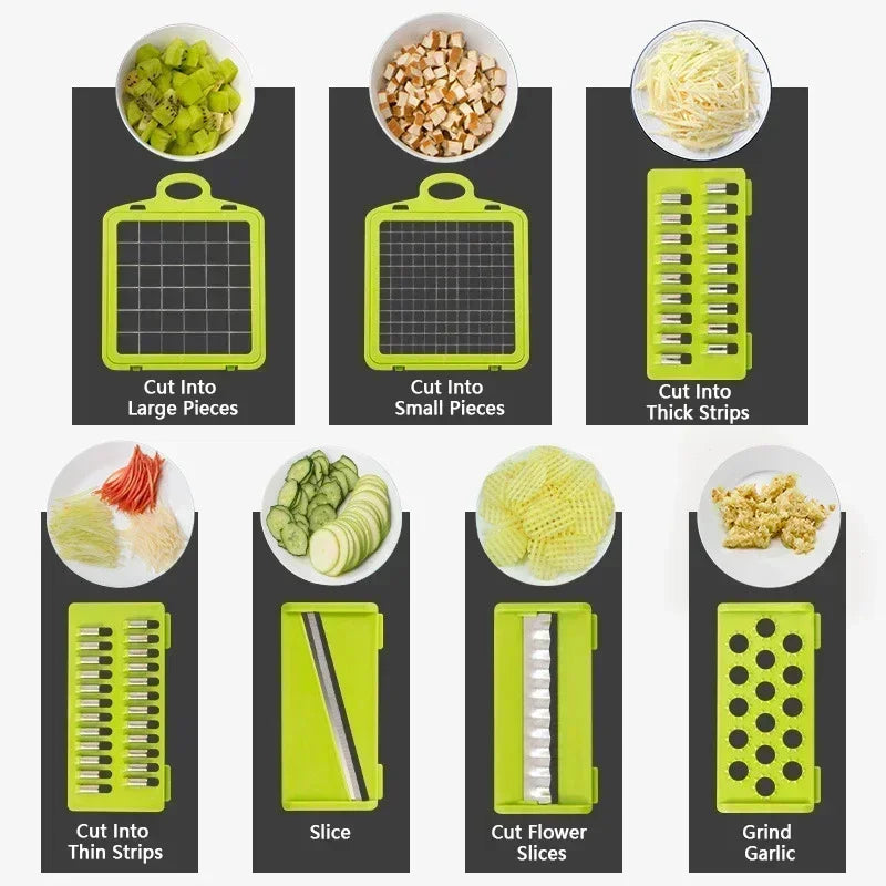 16-in-1 Multifunctional Vegetable Chopper and Slicer - Onion, Potato, Fruit, and Veggie Cutter with Container – Stainless Steel Kitchen Gadget