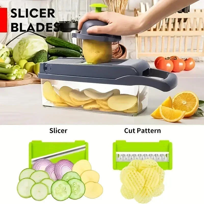 16-in-1 Multifunctional Vegetable Chopper and Slicer - Onion, Potato, Fruit, and Veggie Cutter with Container – Stainless Steel Kitchen Gadget