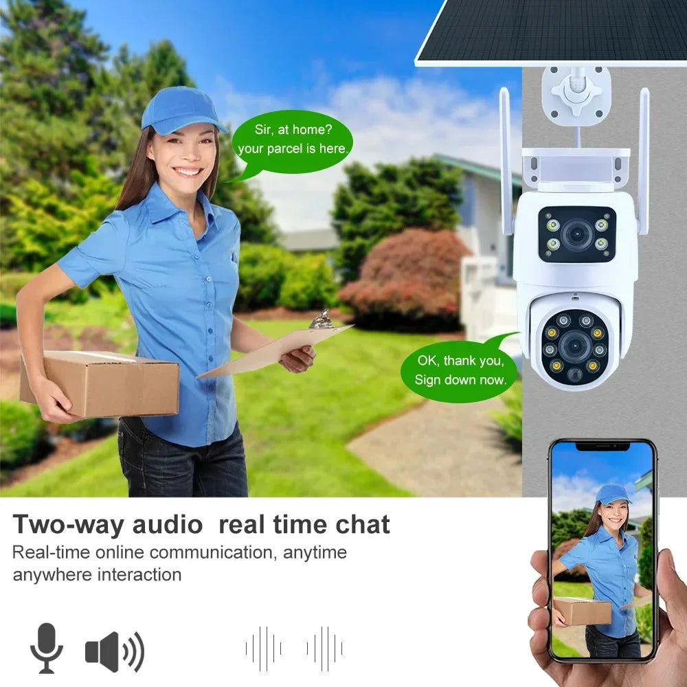 Tuya Solar Camera WiFi Outdoor 8MP Dual Lens 4K Wireless PTZ Security Camera – Low Power Battery, Motion Detection, Dual Screen, and Remote Viewing