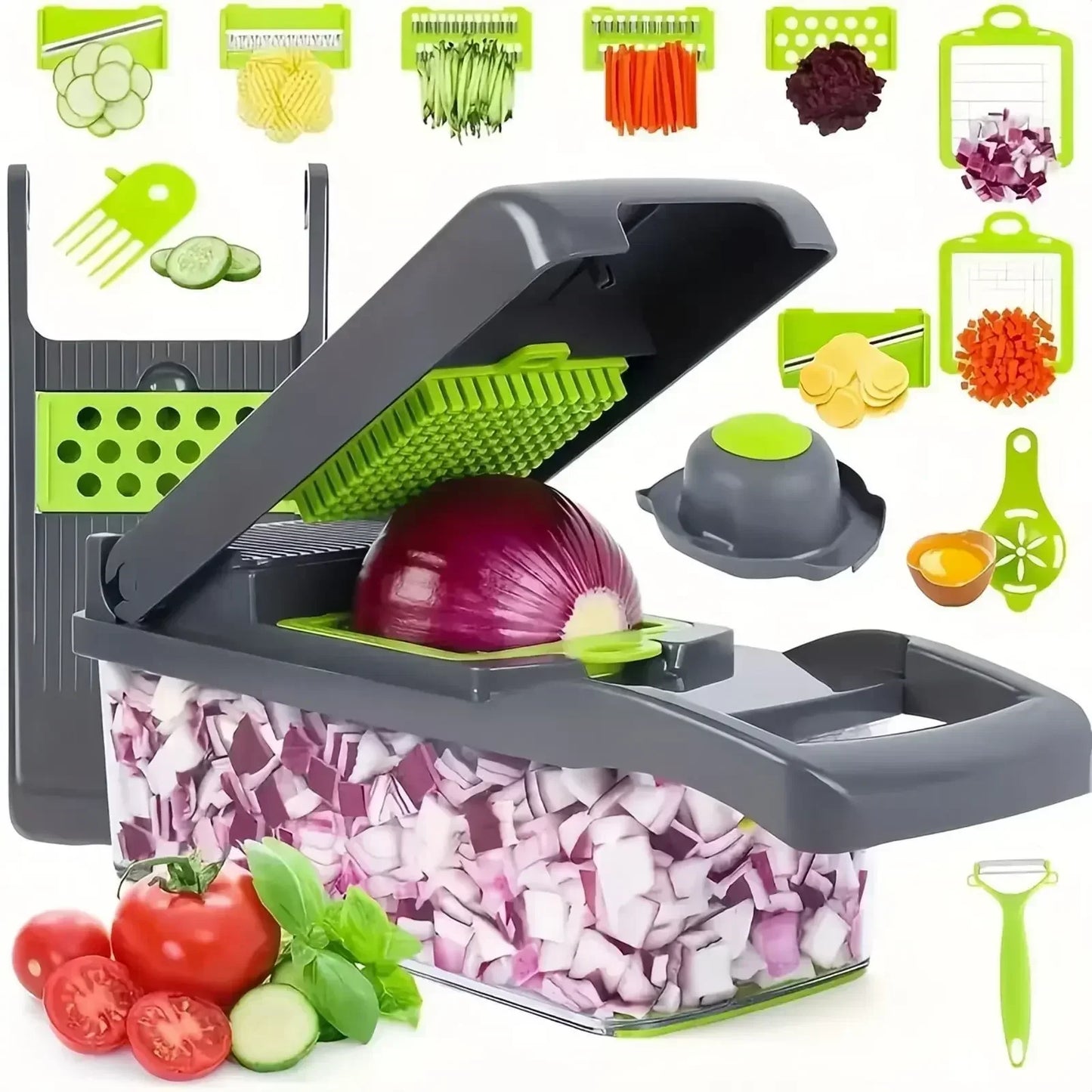16-in-1 Multifunctional Vegetable Chopper and Slicer - Onion, Potato, Fruit, and Veggie Cutter with Container – Stainless Steel Kitchen Gadget