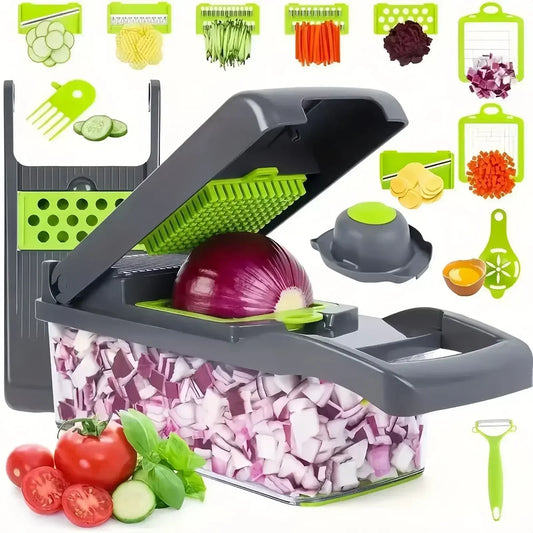 16-in-1 Multifunctional Vegetable Chopper and Slicer - Onion, Potato, Fruit, and Veggie Cutter with Container – Stainless Steel Kitchen Gadget