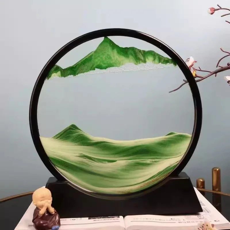3D Moving Sand Art Picture – Round Glass Deep Sea Sandscape Hourglass Quicksand Craft Flowing Art for Home Decor