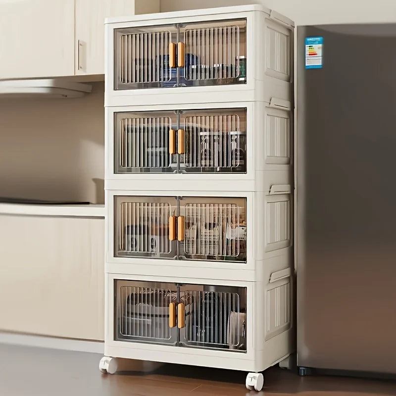 Stackable Practical Storage Cabinet with Doors and Wheels – Spacious Multi-functional Plastic Organizer