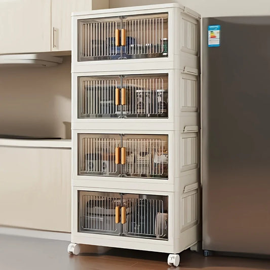 Stackable Practical Storage Cabinet with Doors and Wheels – Spacious Multi-functional Plastic Organizer