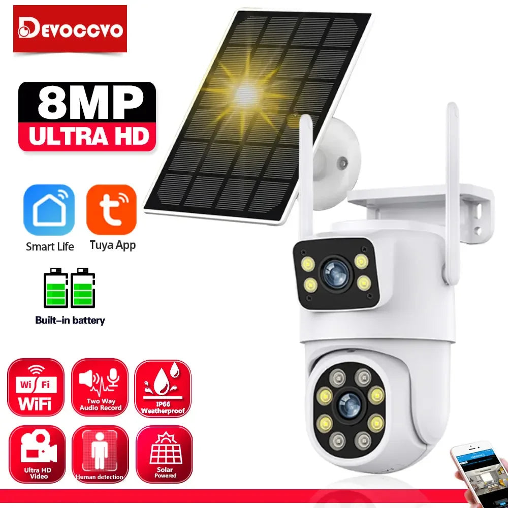Tuya Solar Camera WiFi Outdoor 8MP Dual Lens 4K Wireless PTZ Security Camera – Low Power Battery, Motion Detection, Dual Screen, and Remote Viewing