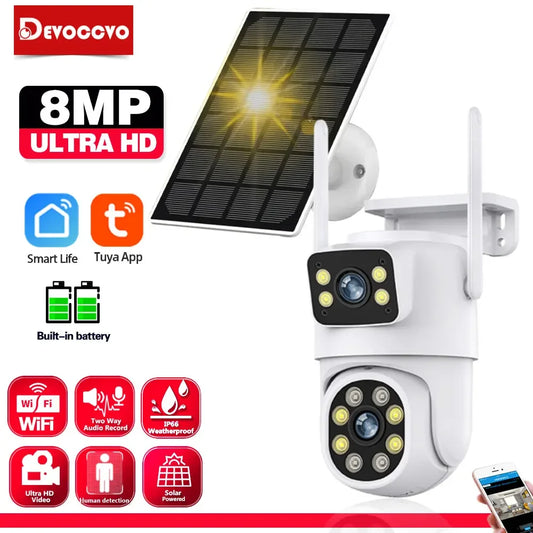 Tuya Solar Camera WiFi Outdoor 8MP Dual Lens 4K Wireless PTZ Security Camera – Low Power Battery, Motion Detection, Dual Screen, and Remote Viewing