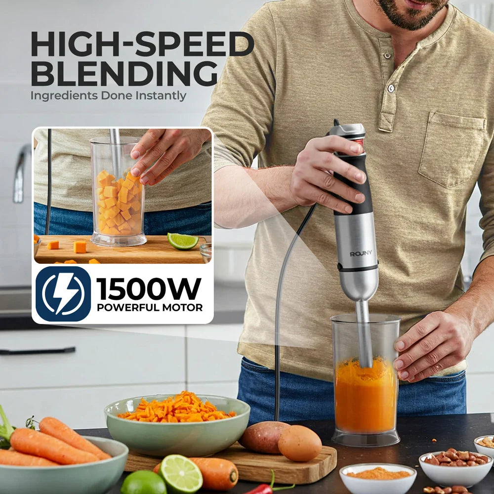 Electric Handheld Stick Blender 6-in-1 Multi-Purpose Immersion Blender - Powerful 1500W with Whisk, Chopper, and Stepless Speed Control