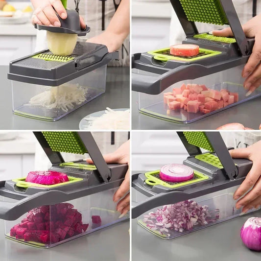 16-in-1 Multifunctional Vegetable Chopper and Slicer - Onion, Potato, Fruit, and Veggie Cutter with Container – Stainless Steel Kitchen Gadget