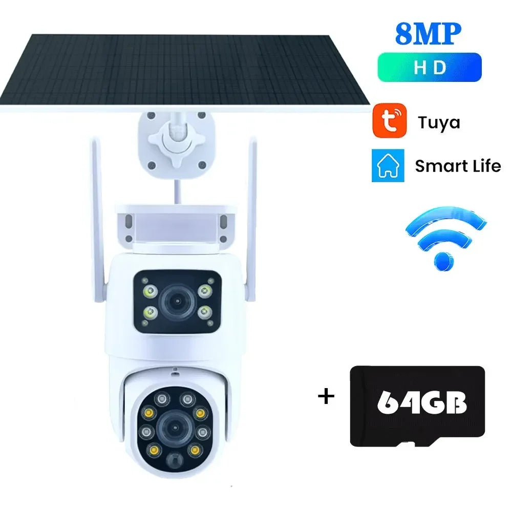 Tuya Solar Camera WiFi Outdoor 8MP Dual Lens 4K Wireless PTZ Security Camera – Low Power Battery, Motion Detection, Dual Screen, and Remote Viewing