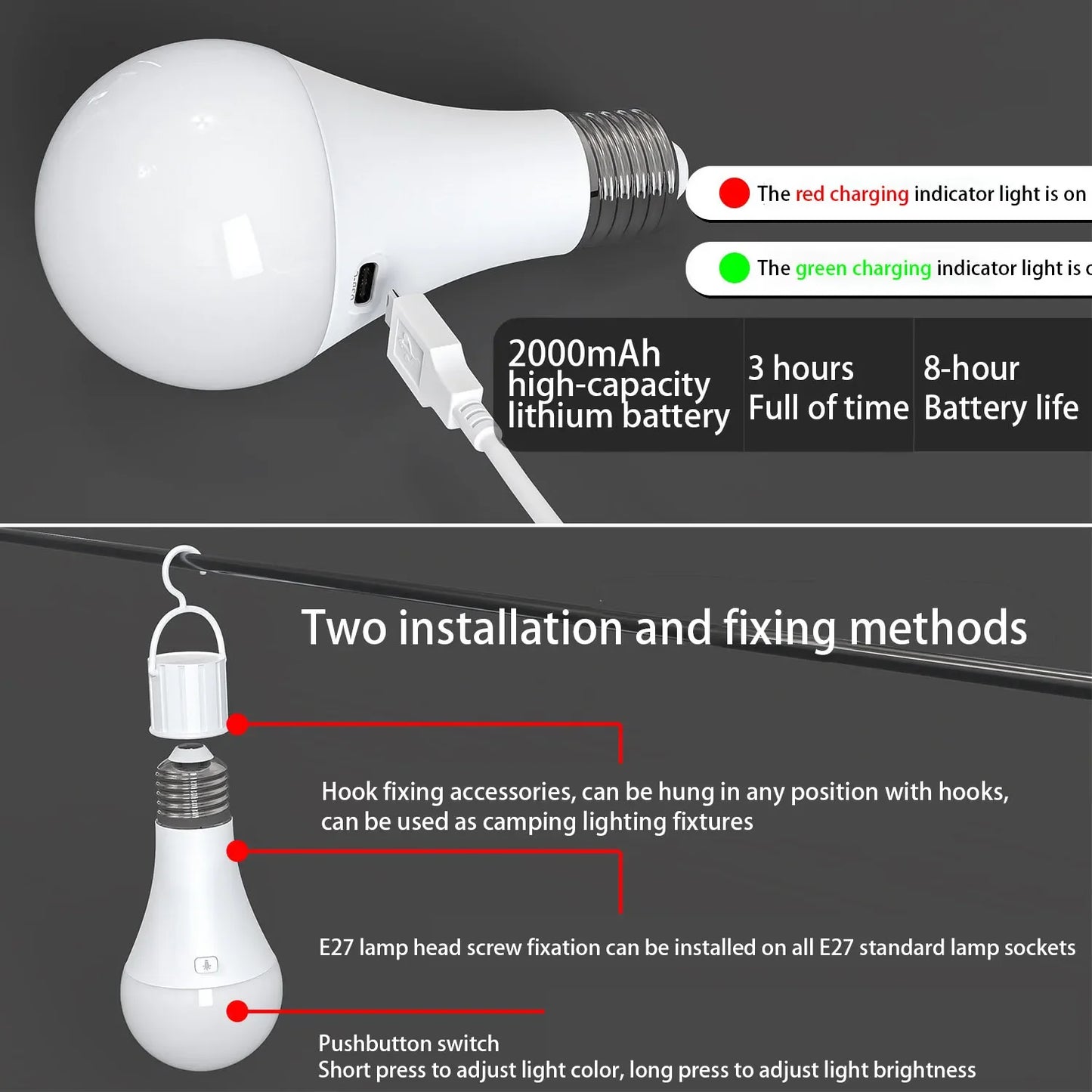 Rechargeable Battery-Operated A19 LED Light Bulb with Remote Control - Dimmable, 2700K-6500K, USB Charging